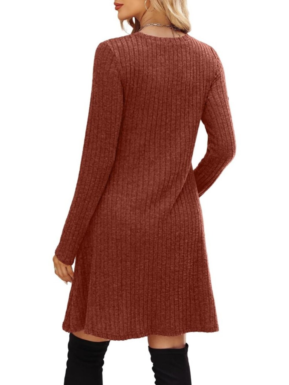 Women's Caramel Long Sleeve Comfort Crew Neck Empire Waist Tunic Mini Dress - Picture 5 of 5